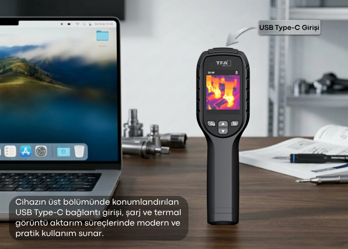 TFA 31.1144.01 'VisualTemp' Ekonomik Seri Termal Kamera USB Type-C bağlantısı üzerinden şarj ve görüntü aktarımı